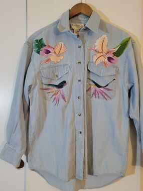 Chazzz Embroidered Light Wash Denim Shirt with Floral & Bird Appliqués